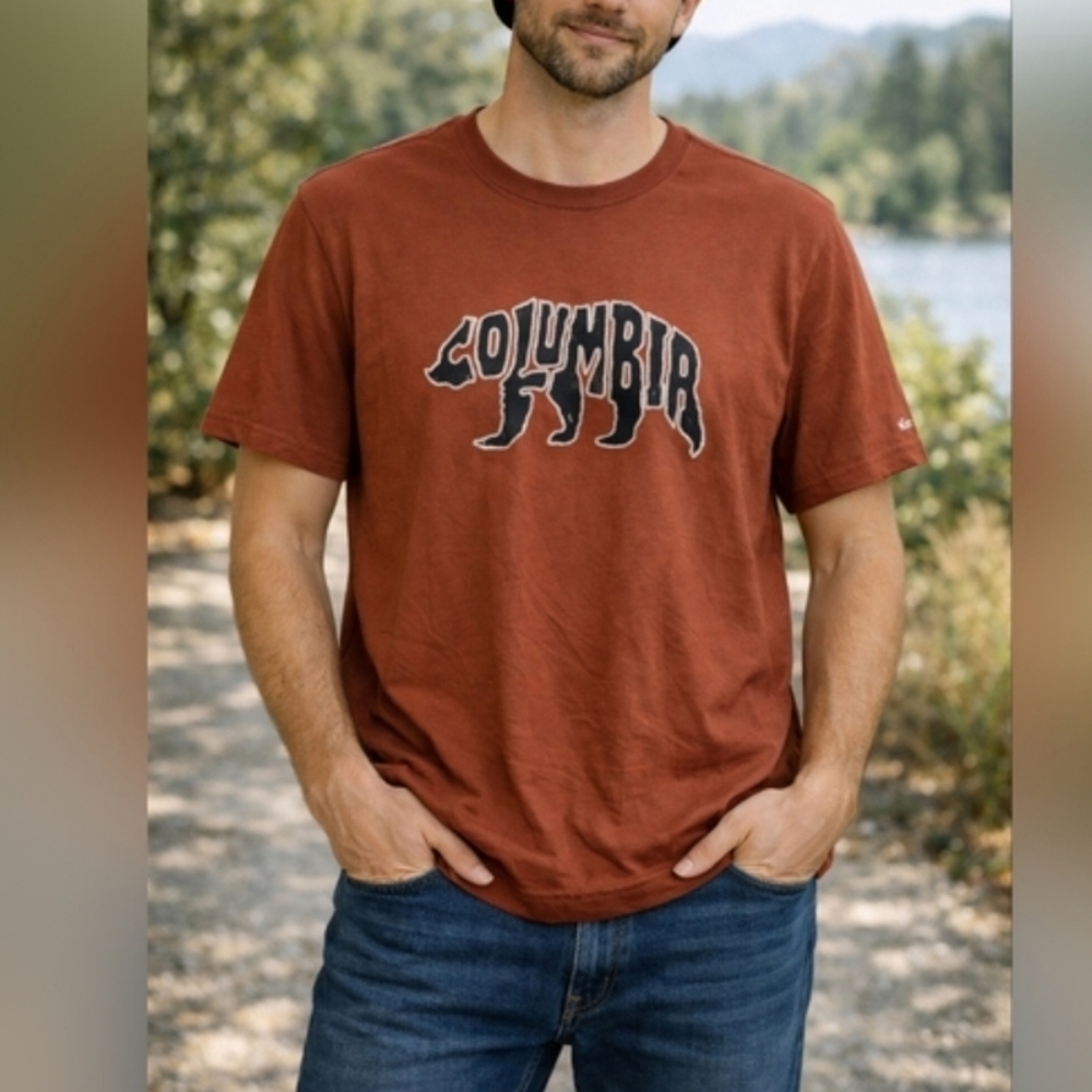 Columbia Bear Graphic T-Shirt Rust Brown Outdoor Tee Size XXL